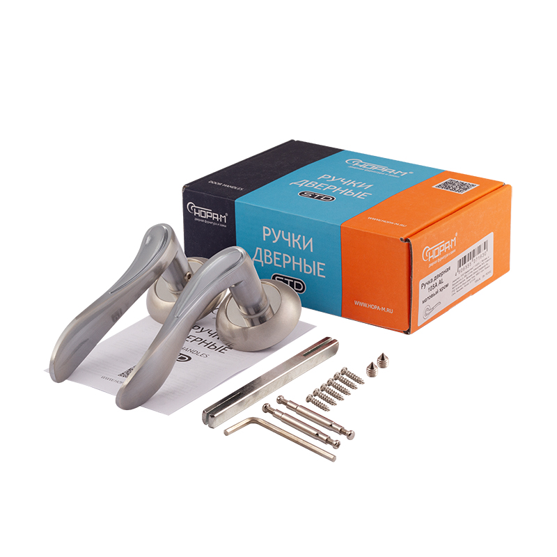 Комплектация и упаковка Ручка дверная 105А AL цвет Матовый никель Нора-М