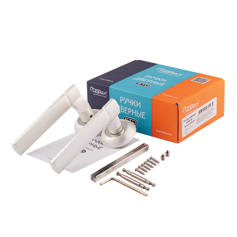 Комплектация и упаковка Ручка дверная 103А AL цвет Белый жемчуг Нора-М