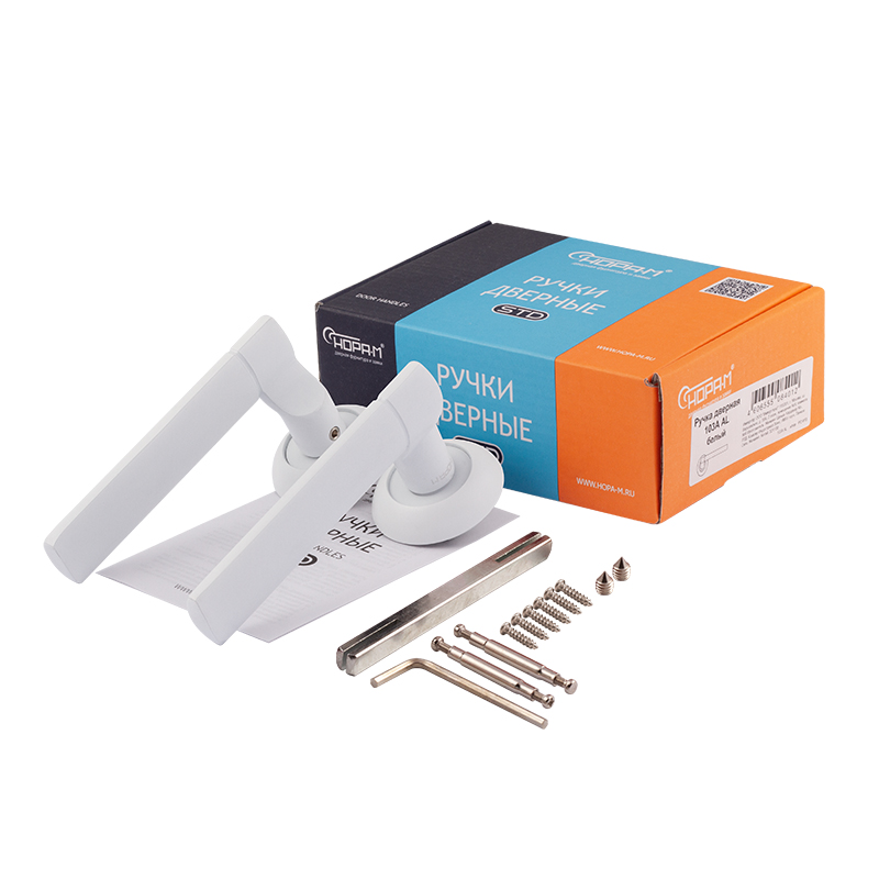 Комплектация и упаковка Ручка дверная 103А AL цвет Белый Нора-М