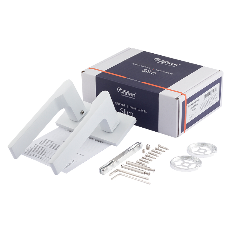 Комплектация и упаковка Ручка дверная  межкомнатная на тонкой квадратной розетке 144K Slim цвет Белый Нора-М