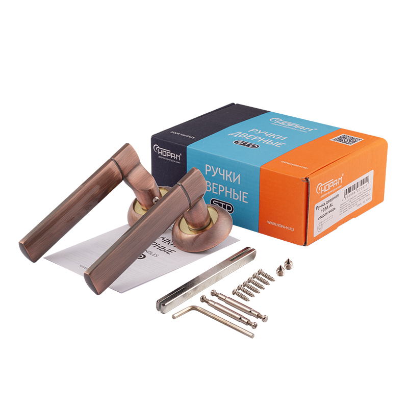 Комплектация и упаковка Ручка дверная 103А AL цвет Старая медь Нора-М