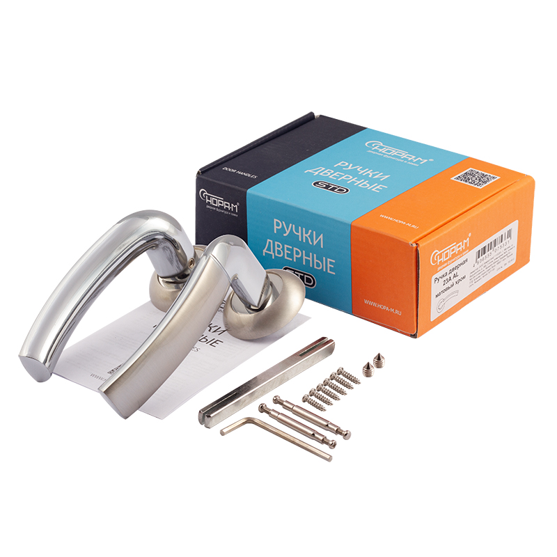 Комплектация и упаковка Ручка дверная 23А AL цвет Матовый никель/хром Нора-М