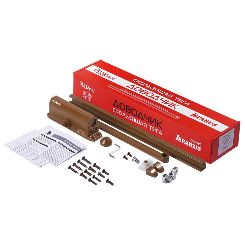 Комплектация и упаковка Доводчик дверной со скользящей тягой 430 Slider ISPARUS от 40 до 100 кг цвет Коричневый (8024) Нора-М