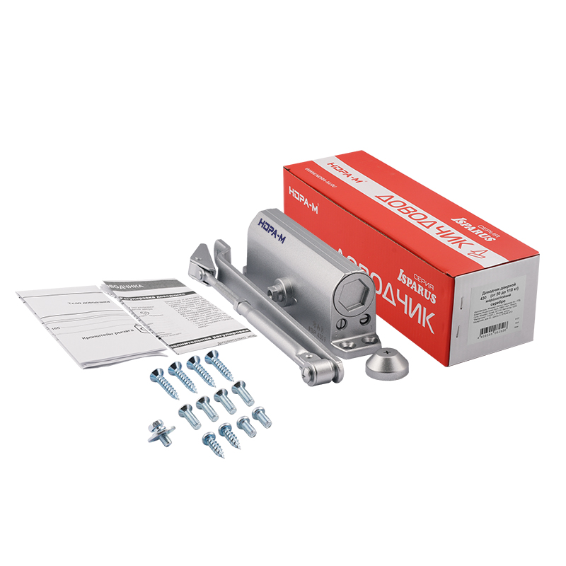 Комплектация и упаковка Доводчик дверной с фиксацией 430 F ISPARUS от 50 до 110 кг цвет Серебро Нора-М