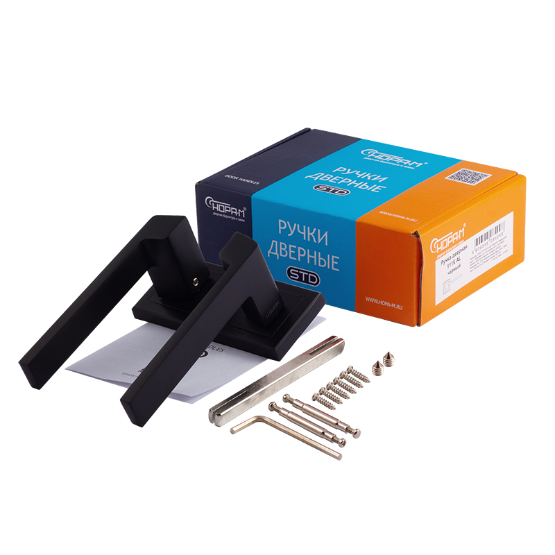 Комплектация и упаковка Ручка дверная 111K AL цвет Черный Нора-М