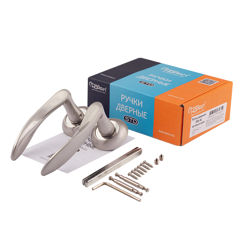 Комплектация и упаковка Ручка дверная 38А цвет Матовый никель Нора-М