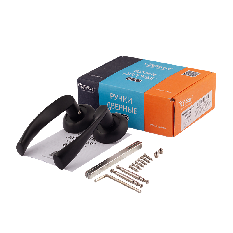 Комплектация и упаковка Ручка дверная 100А Al цвет Черный Нора-М