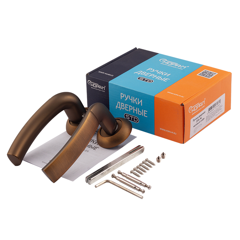 Комплектация и упаковка Ручка дверная 23А AL цвет Матовый кофе Нора-М